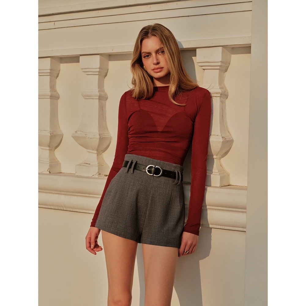 Commense Straight Neck Sheer Panel Jersey Top‎ Burgundy size M